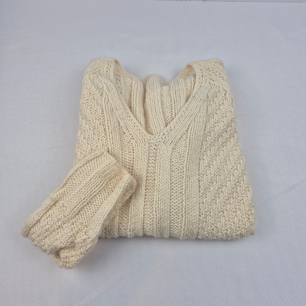 Handmade Knit Sweater M Ivory‎ Cable V Neck Drawstring Hem VTG Y2K Cottagecore - Picture 12 of 12